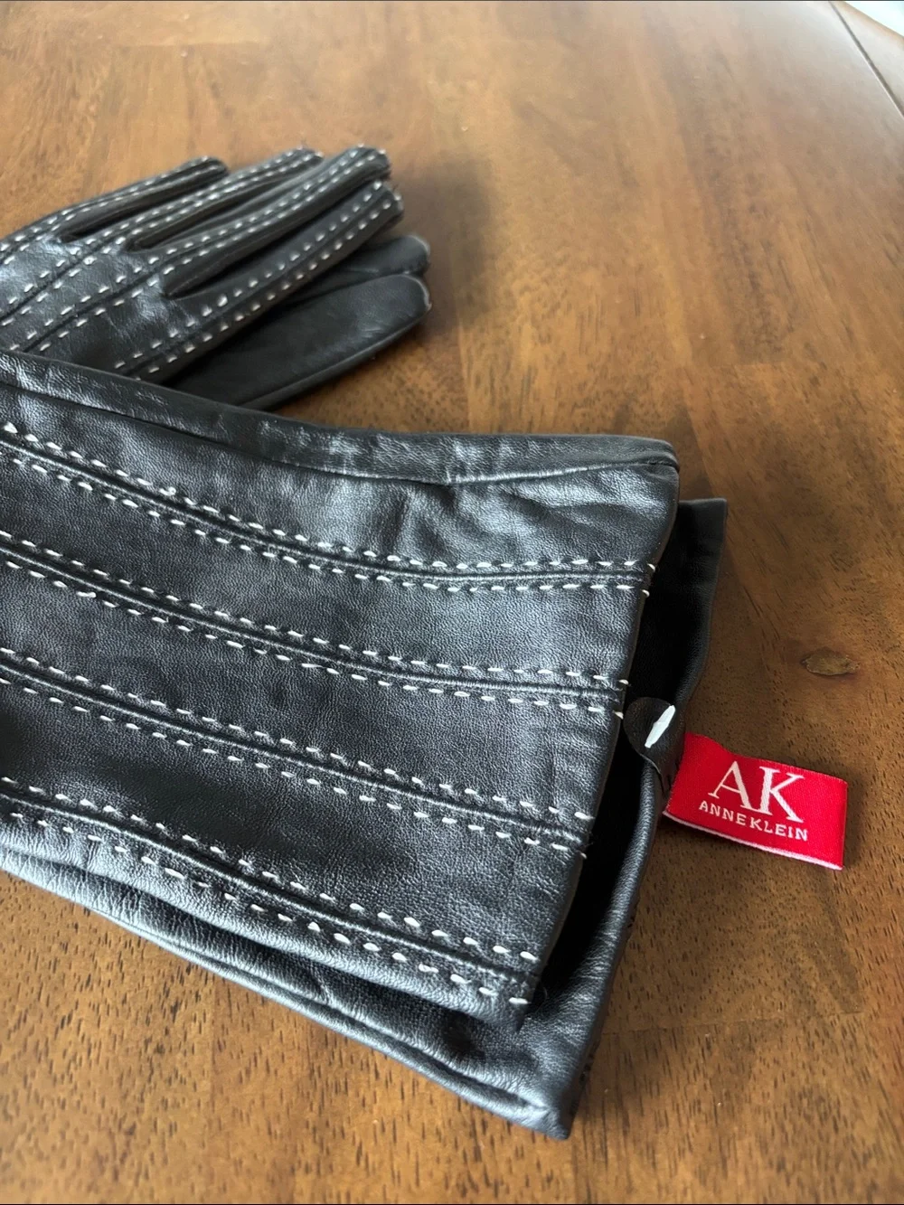 Anne Klein Black Leather Long Gloves with Contrast Stitching